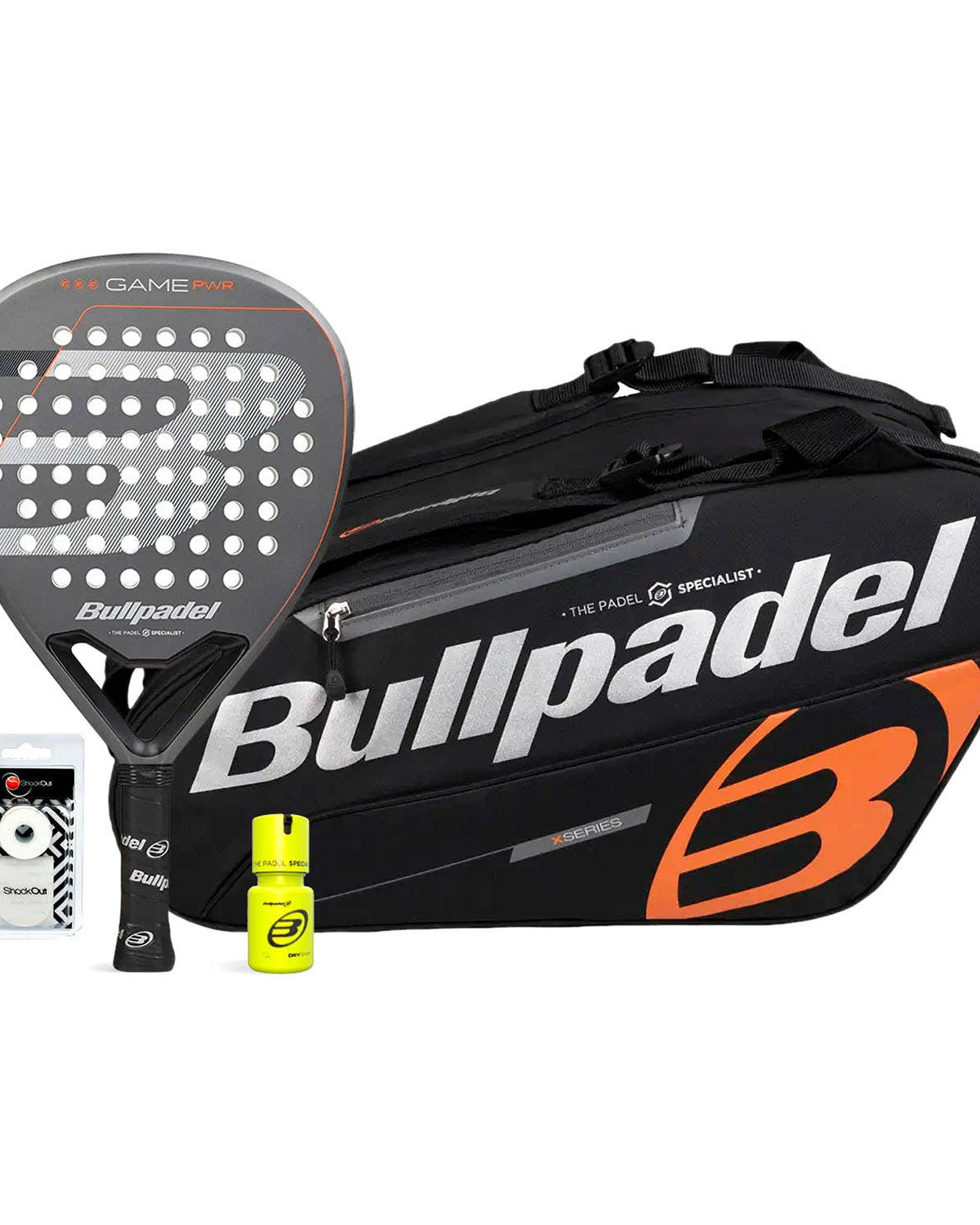 Pack Bullpdel Game Pwr Gris Paletero Negro Naranja Dry Grip