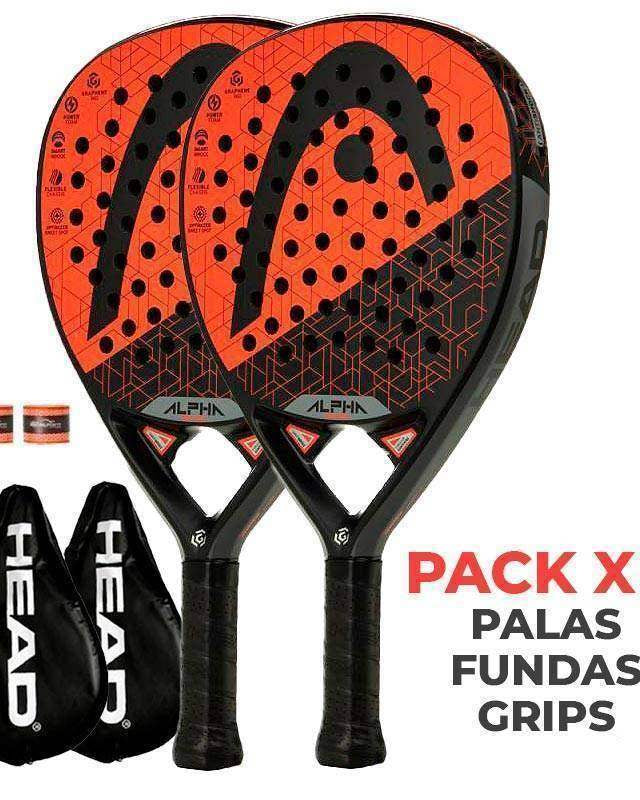 Pack Head Alpha Power — presentación X2 con palas, fundas y grips
