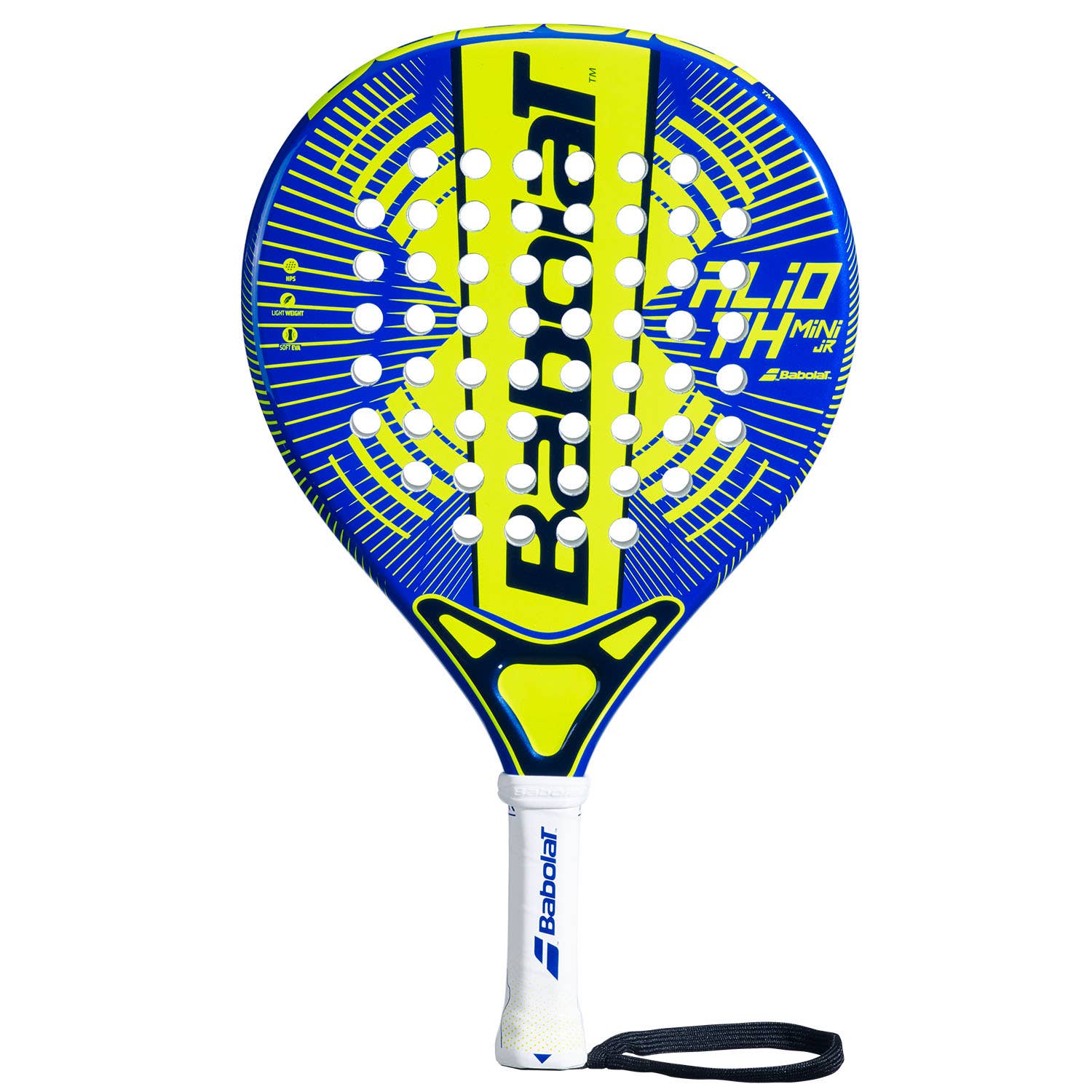 Babolat Alioth Mini JR Azul/Amarillo – Vista frontal azul y amarilla con empuñadura blanca