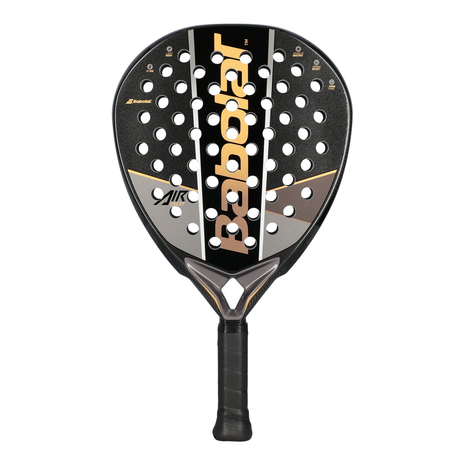 Babolat Air Crest 2026 – Vista frontal negra y gris con detalles dorados y cobrizos