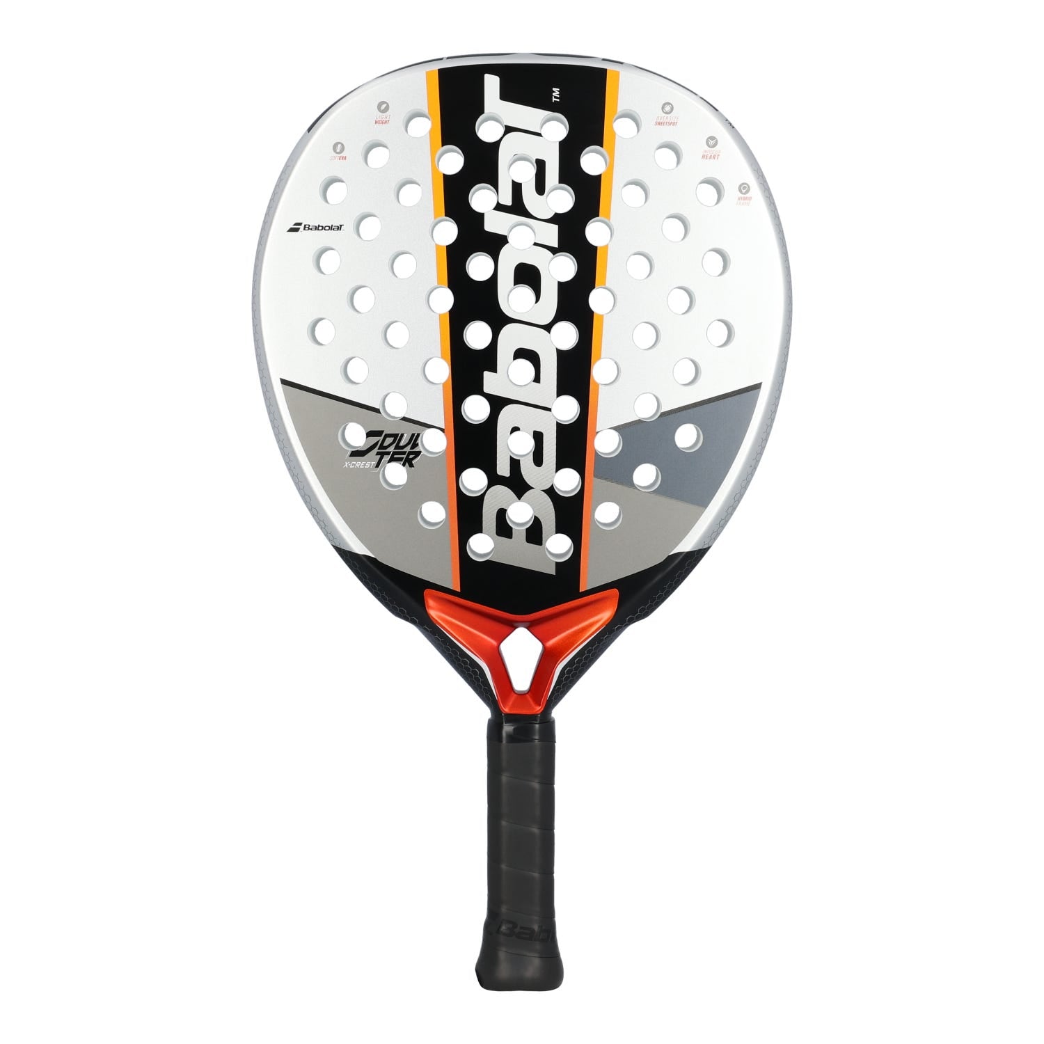 Babolat Counter X-Crest 2026 – Vista frontal blanca, gris y negra con detalles naranjas
