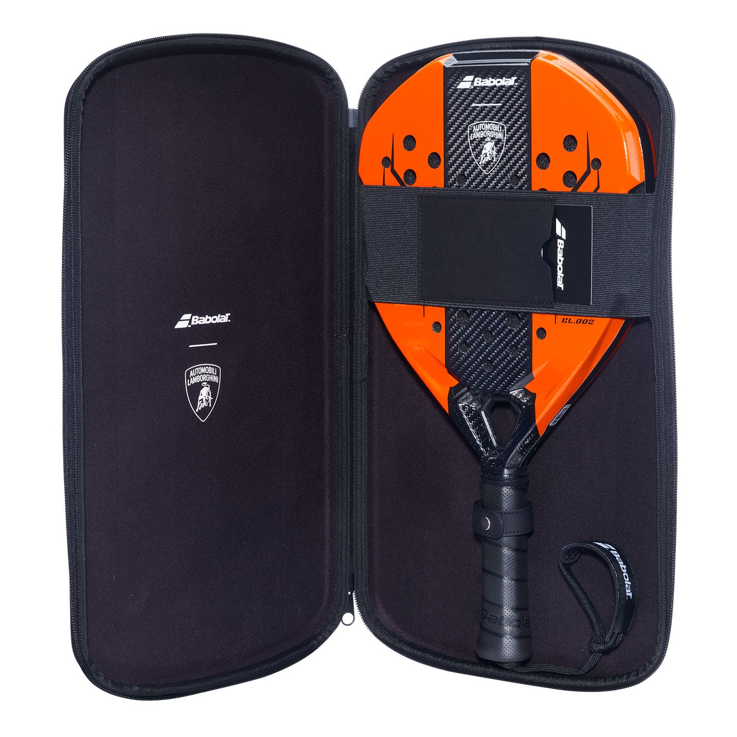 Babolat x Lamborghini BL.002 Naranja 2026 – pala dentro del estuche abierto