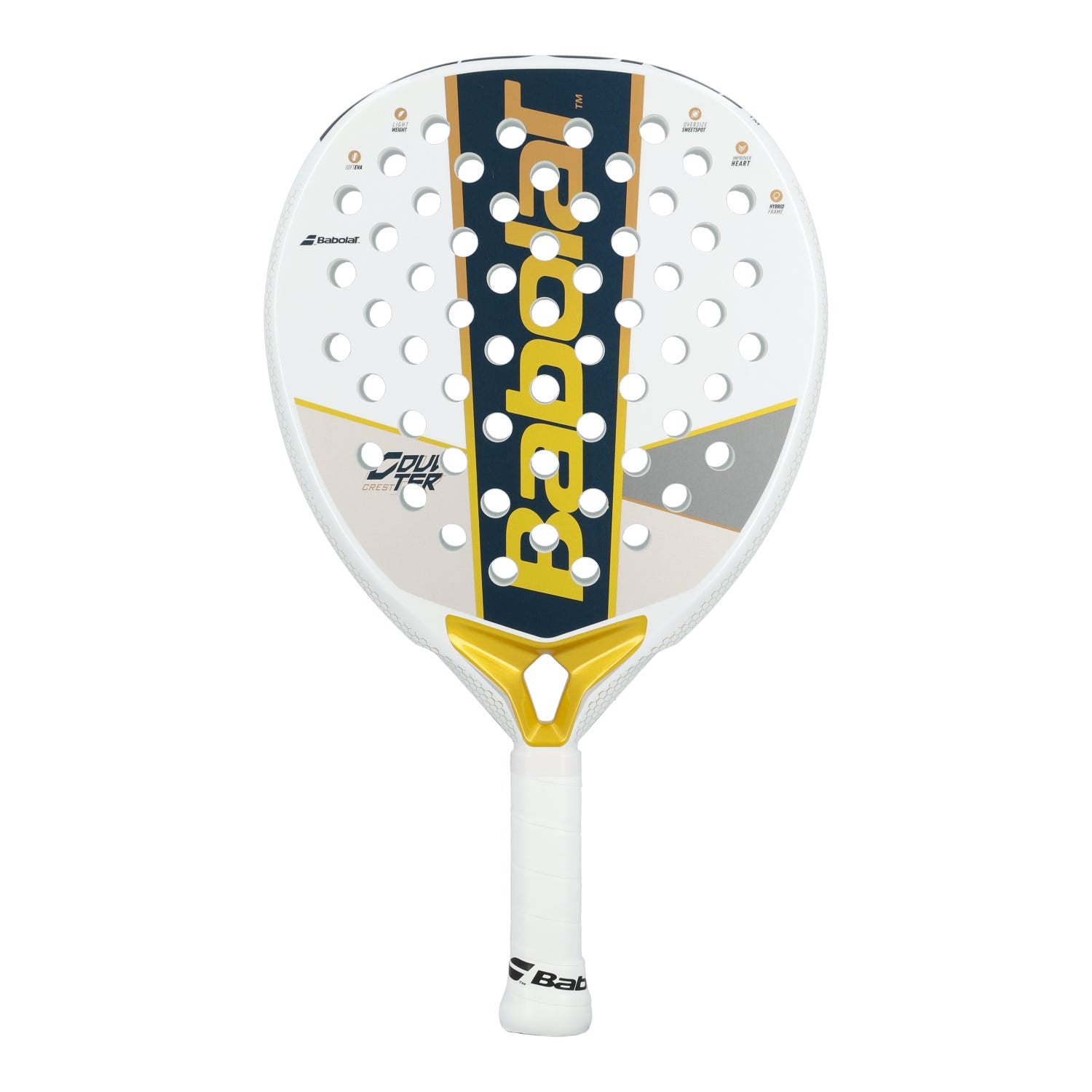 Babolat Counter Crest – Vista frontal blanca, azul oscuro y dorada